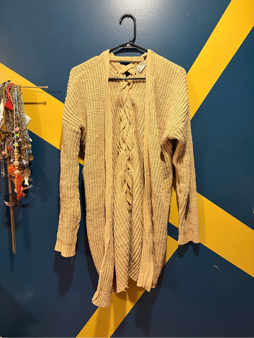 Poof Apparel Dark Cream Chenille Braided Back Longline Cardigan EUC